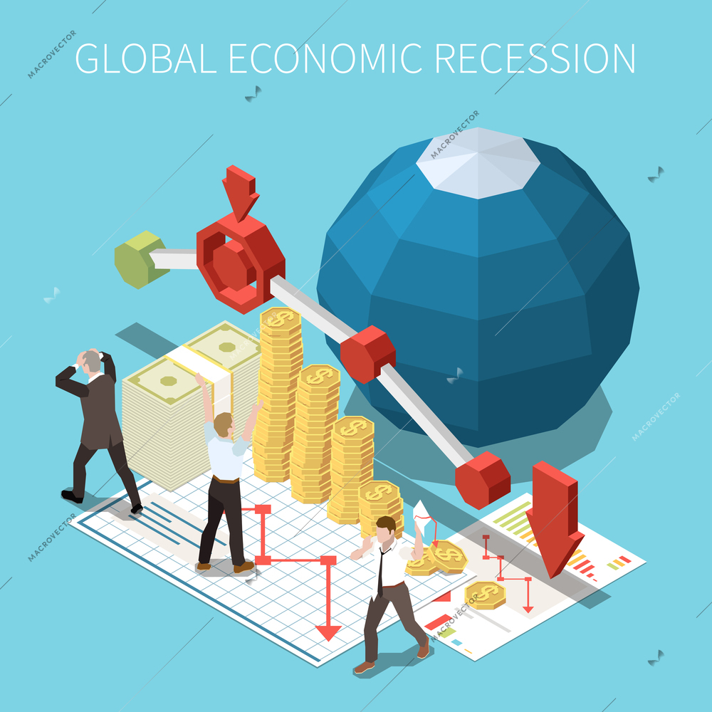 Inflation recession financial economic crisis downfall isometric composition with distracted workers stacks of coins and graphs vector illustration
