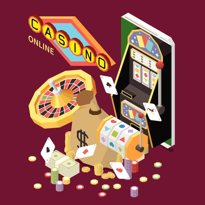 Online lottery gambling casino isometric composition with chips and cards roulette slot machine images and text vector illustration