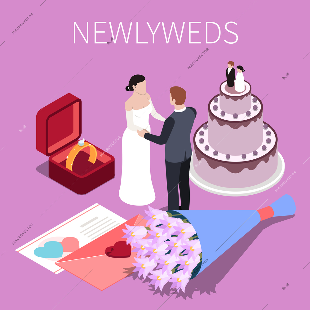 Wedding ceremony marriage isometric composition with characters of newlyweds surrounded by cake rings and love letters vector illustration
