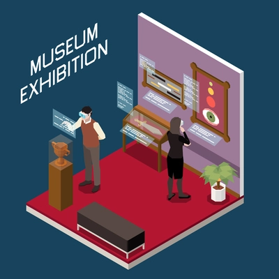Virtual augmented reality isometric composition of text with museum worker and visitor characters and holographic screens vector illustration