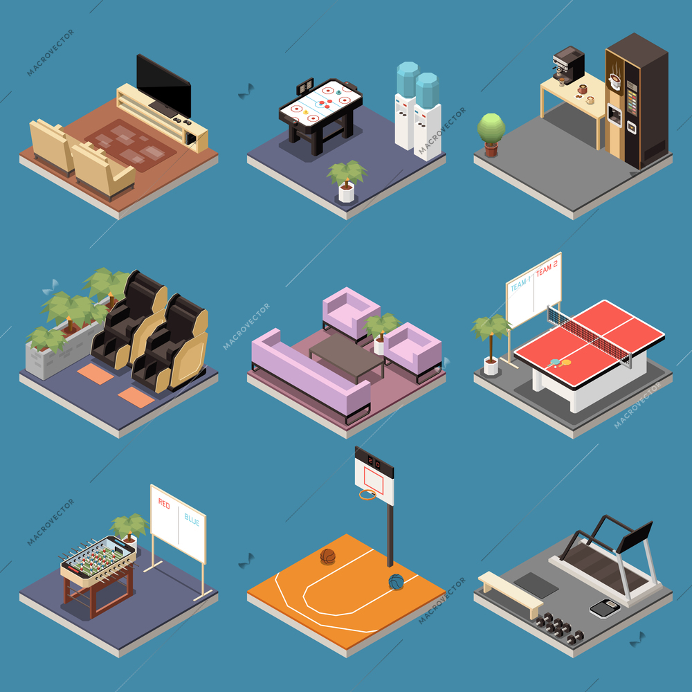 Office recreation facilities set of isometric compositions with isolated views of gymnastic apparatus sport playgrounds tables vector illustration