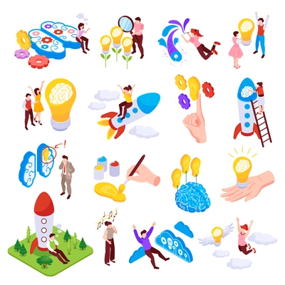 Creative thinking icons set with breakthrough symbols isometric isolated vector illustration