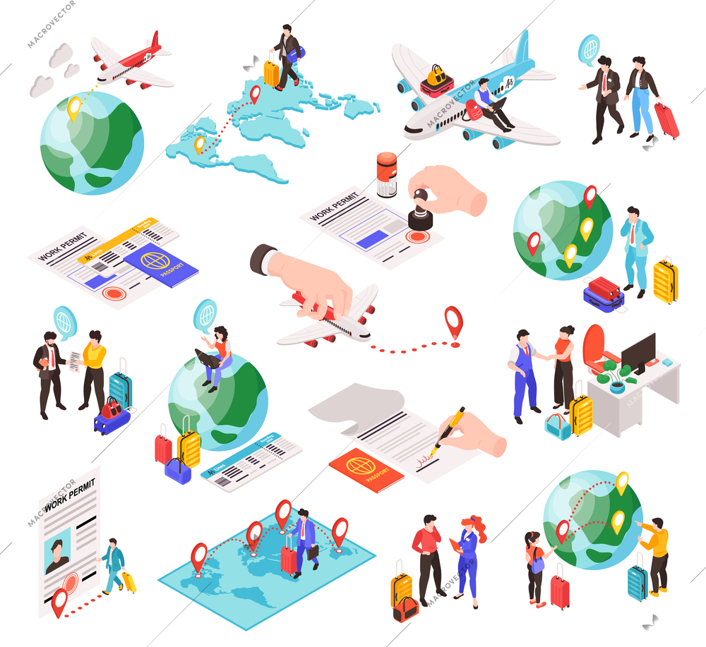 Migrant workers set with migration symbols isometric isolated vector illustration