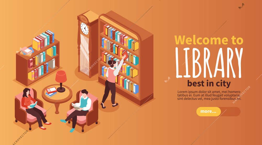 Library horizontal banner with reading symbols isometric vector illustration