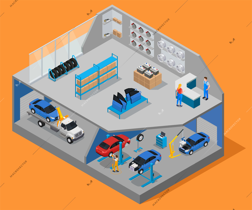 Car parts spares isometric composition with isolated view of two storey building with garage and shop vector illustration