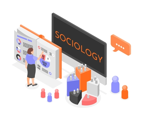 Sociology isometric composition with isolated view of computer radial chart pieces of different height and woman vector illustration