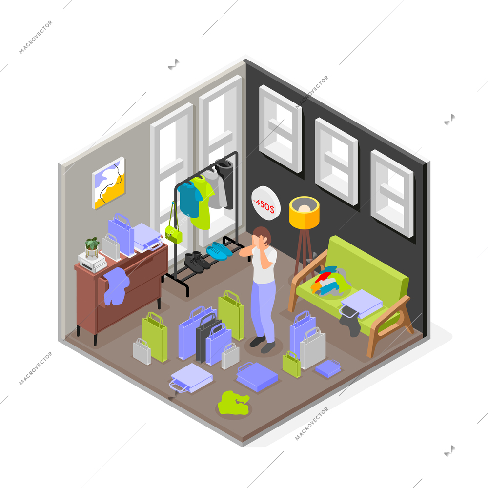 Excess spending isometric composition with isolated view of living room with woman clutching head among purchases vector illustration
