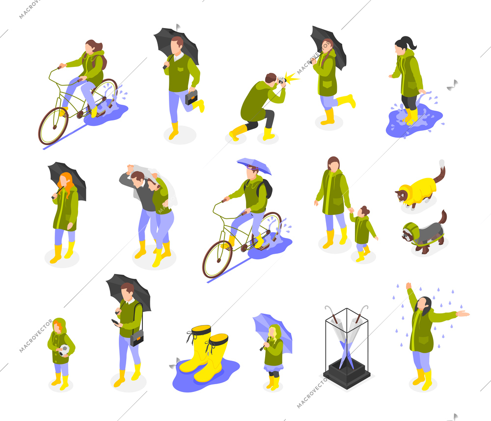 Rainy day set of isolated icons with isometric human characters walking with umbrellas pets and boots vector illustration