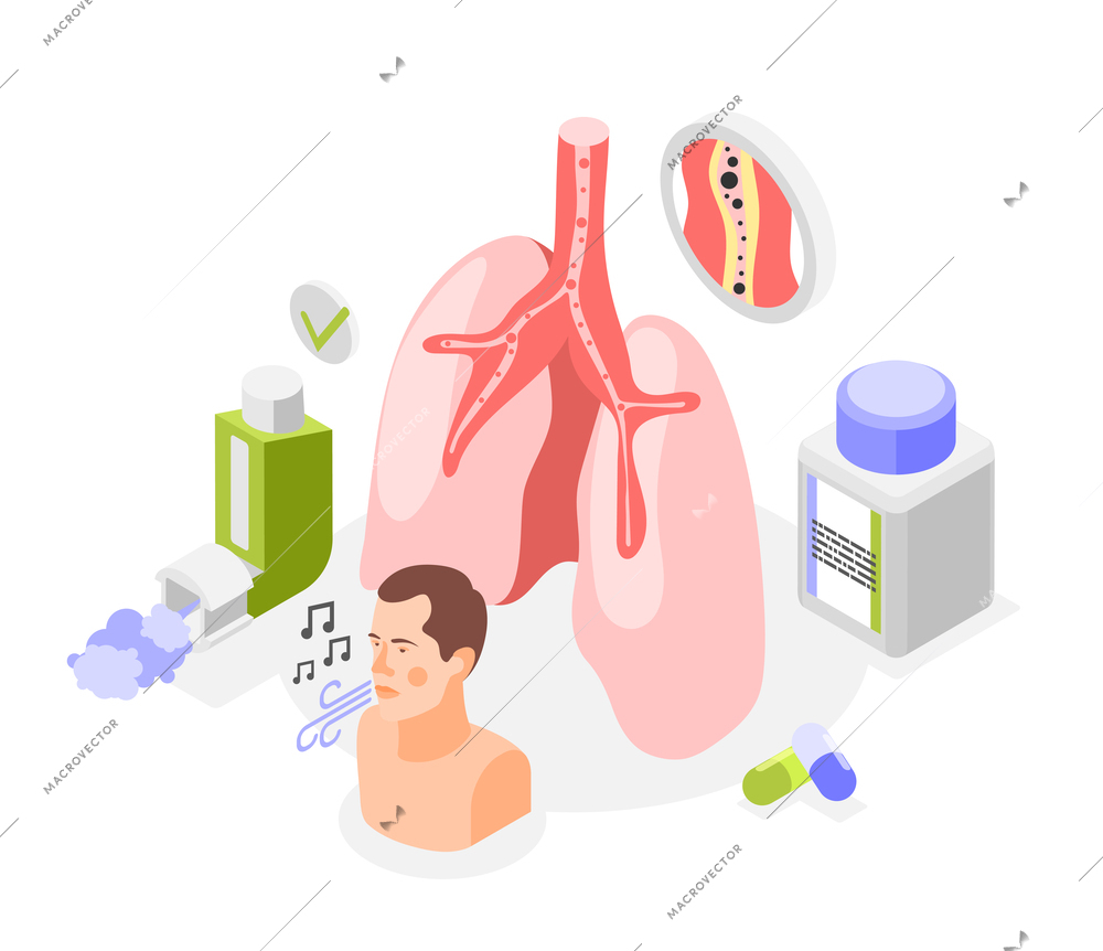 Asthma symptoms and treatment isometric composition with icons of human lungs medication and breathing human character vector illustration