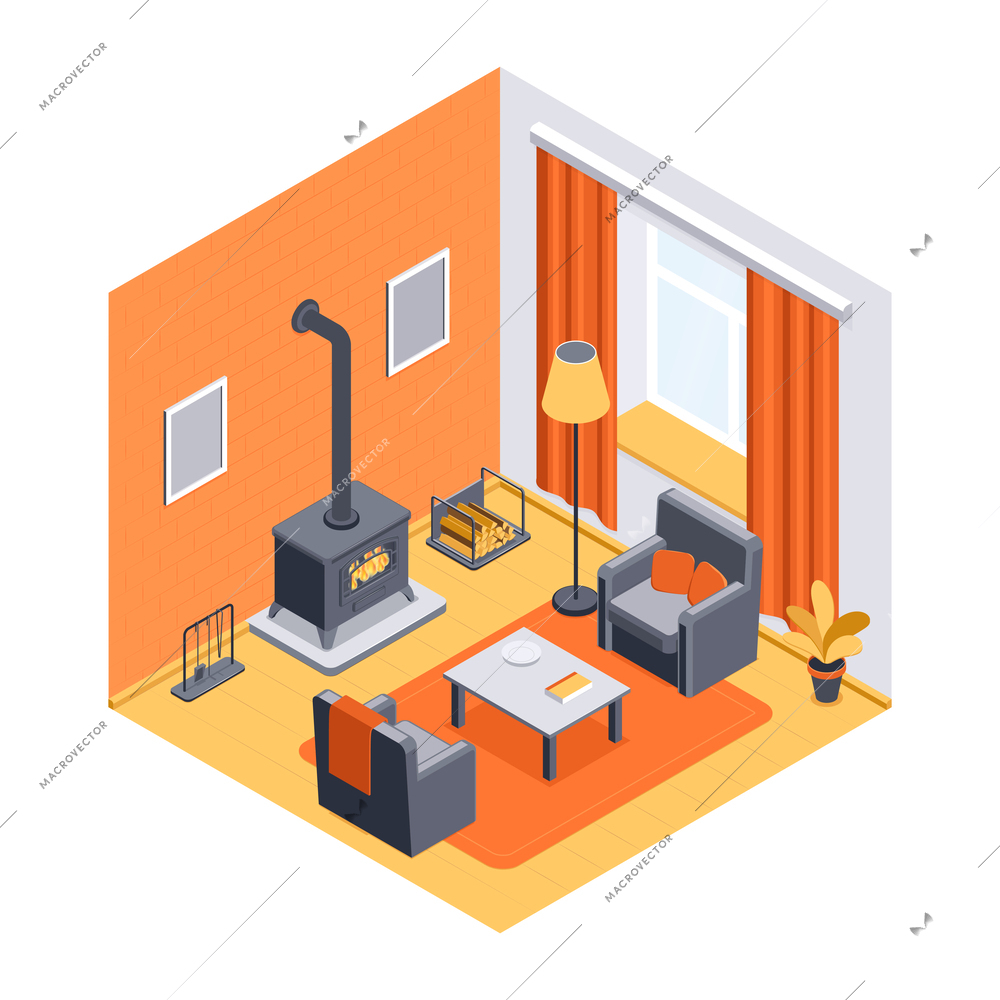 Isometric fireplace home composition with isolated view of living room with vintage style chimney with tube vector illustration