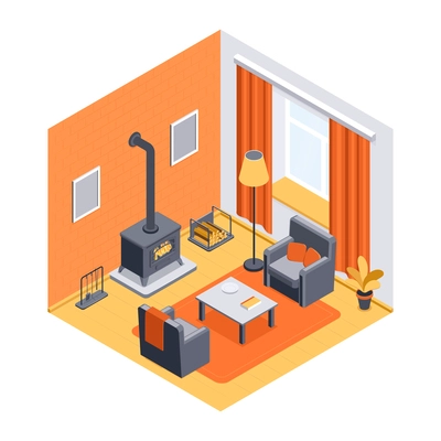 Isometric fireplace home composition with isolated view of living room with vintage style chimney with tube vector illustration