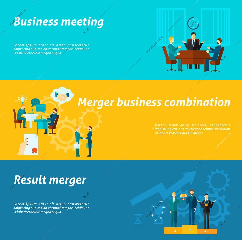Collaboration horizontal banner set with merger business meeting elements isolated vector illustration
