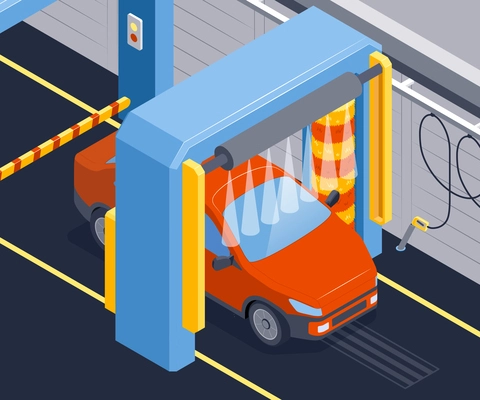 Isometric automated car wash composition with indoor view of car being cleaned by streams of water vector illustration