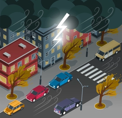 Colored isometric storm weather concept strong winds and thunderstorms happening in the city streets at night vector illustration