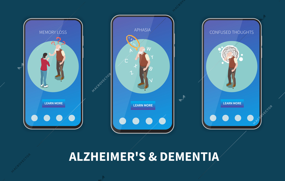 Dementia and Alzheimer isometric concept set with disease control mobile app templates isolated vector illustration