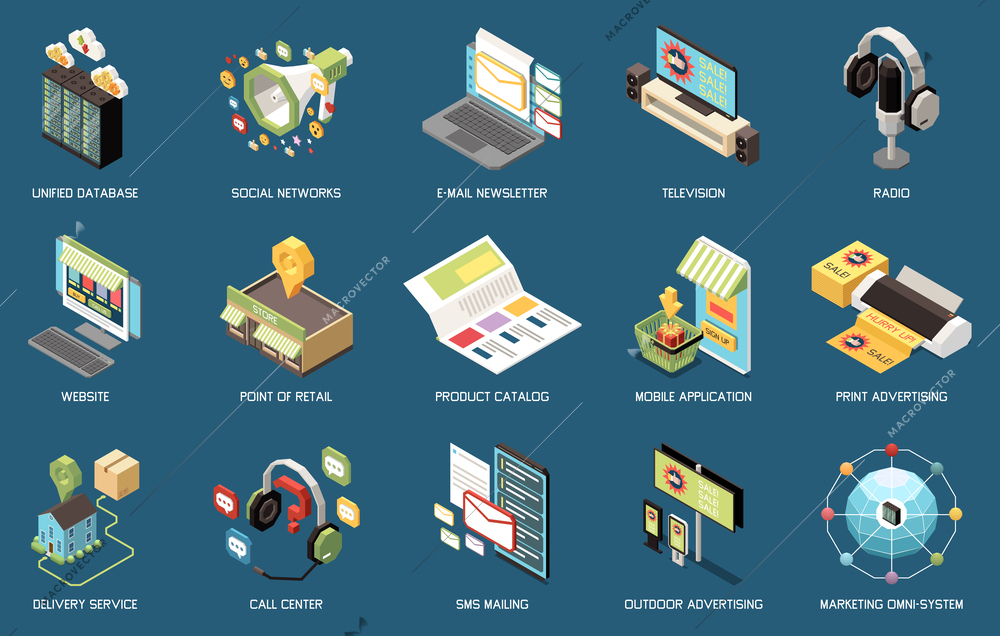 Omni channel marketing icons isometric set with global commerce solution elements isolated vector illustration