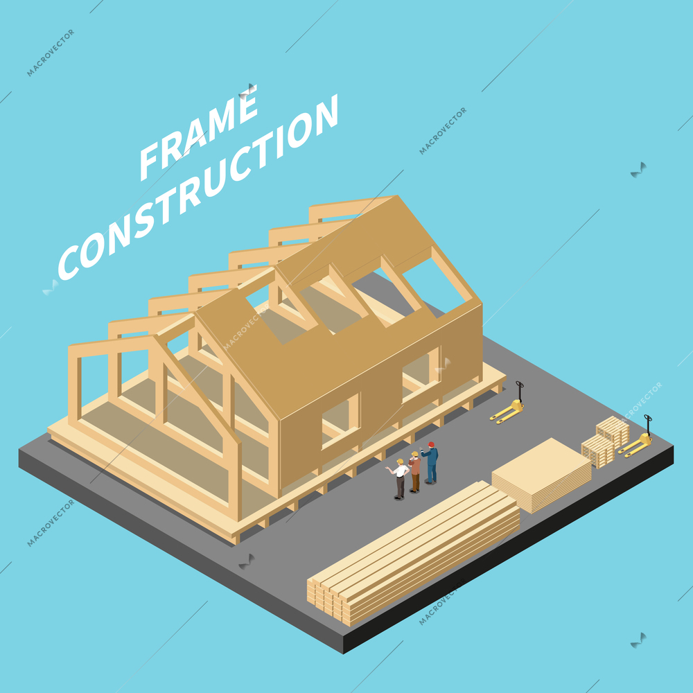 Modular building isometric concept with timber frame construction site vector illustration