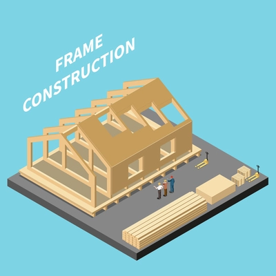 Modular building isometric concept with timber frame construction site vector illustration