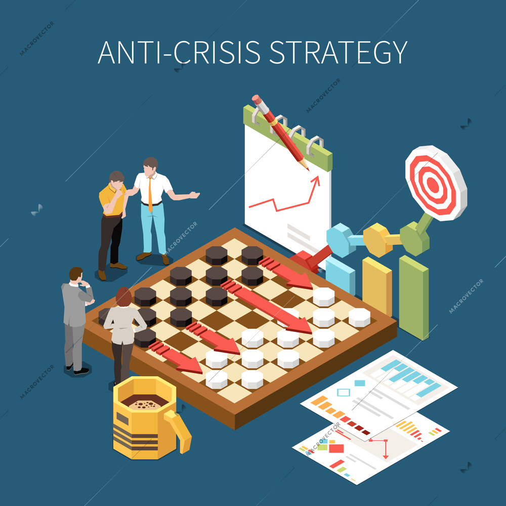 Anti-crisis strategy isometric concept with professional business management symbols vector illustration