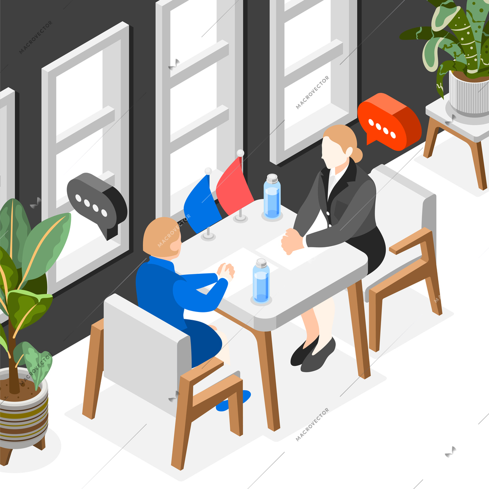 Isometric diplomacy and diplomat composition two diplomats sitting in front of each other in the meeting room vector illustration