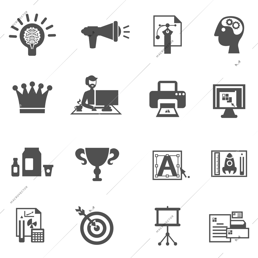 Branding icons black set with brainstorm creative idea development symbols isolated vector illustration