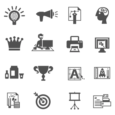 Branding icons black set with brainstorm creative idea development symbols isolated vector illustration