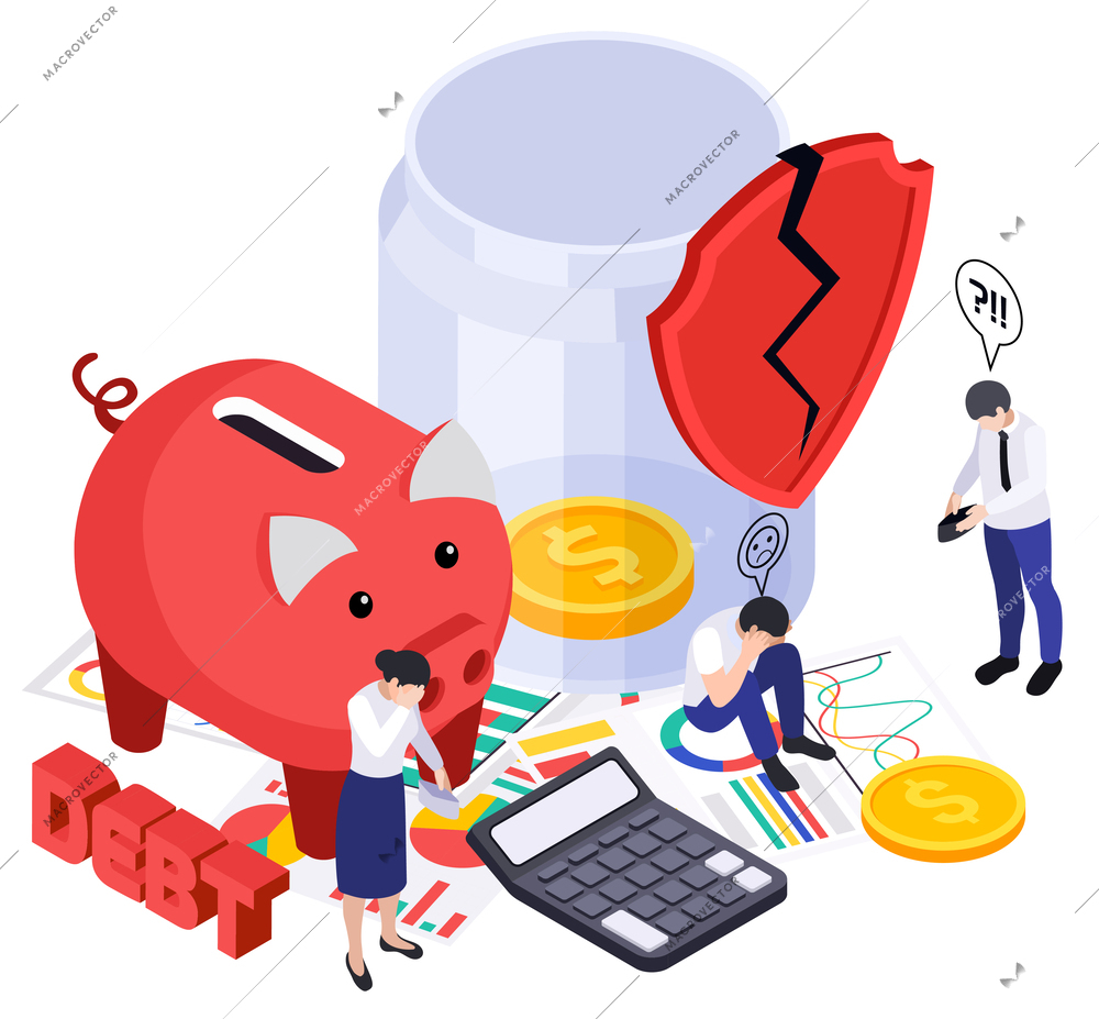 Financial crisis inflation isometric composition with crying business workers having debts few coins broken piggy box vector illustration