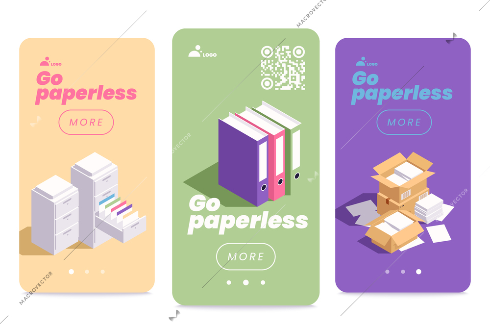 Isometric set of go paperless vertical banners with stacks of papers folders documents in drawers 3d isolated vector illustration