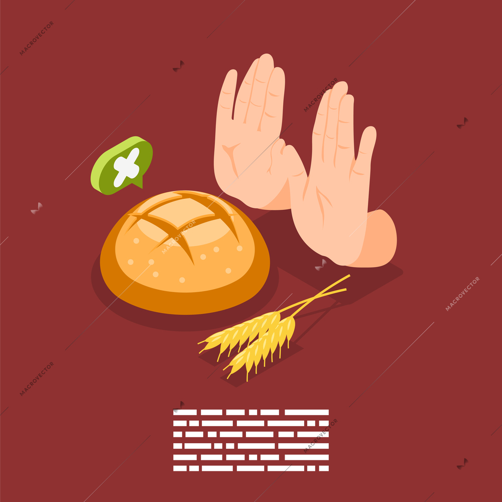 Gluten intolerance isometric composition of prohibition sign hands gesture wheat sprouts and bread on solid background vector illustration