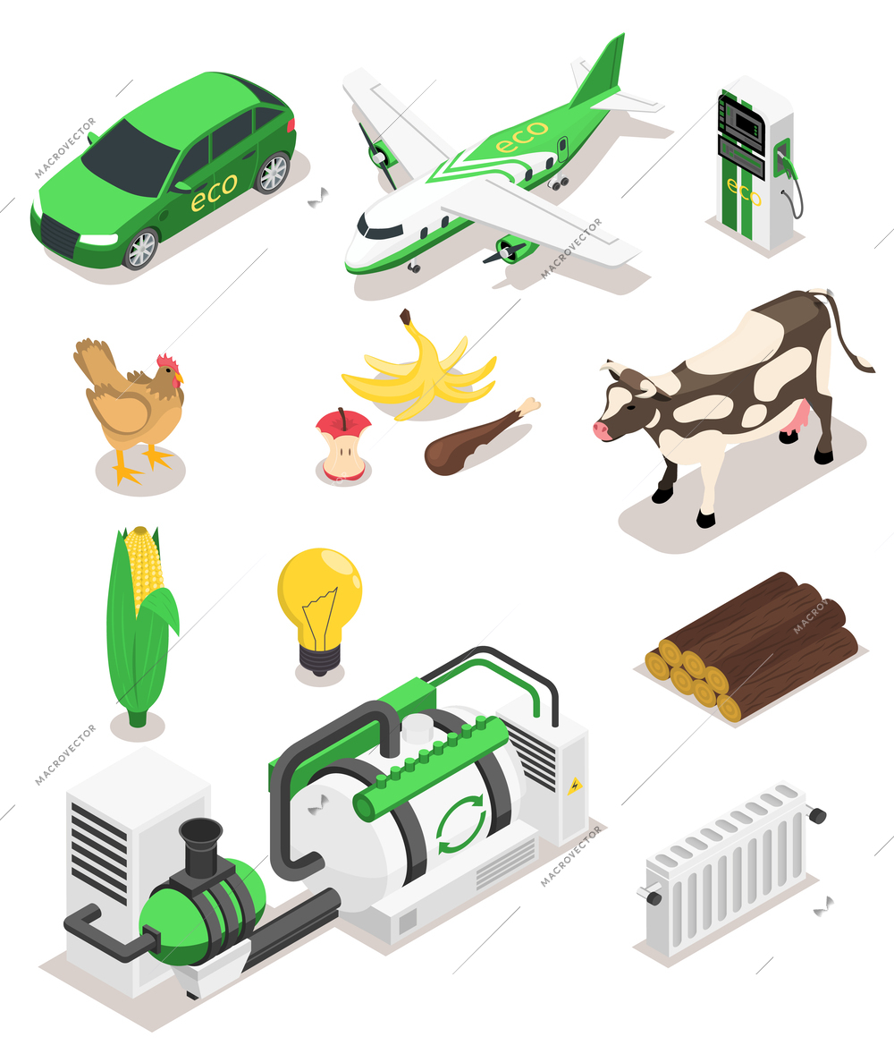 Biofuel biogas production isometric icon set with isolated vehicle images animals food heater and plant facilities vector illustration