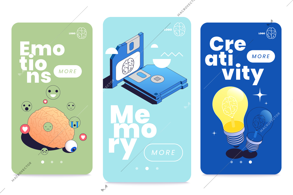 Emotional intelligence thinking mental concepts isometric set of three vertical banners with clickable buttons and text vector illustration
