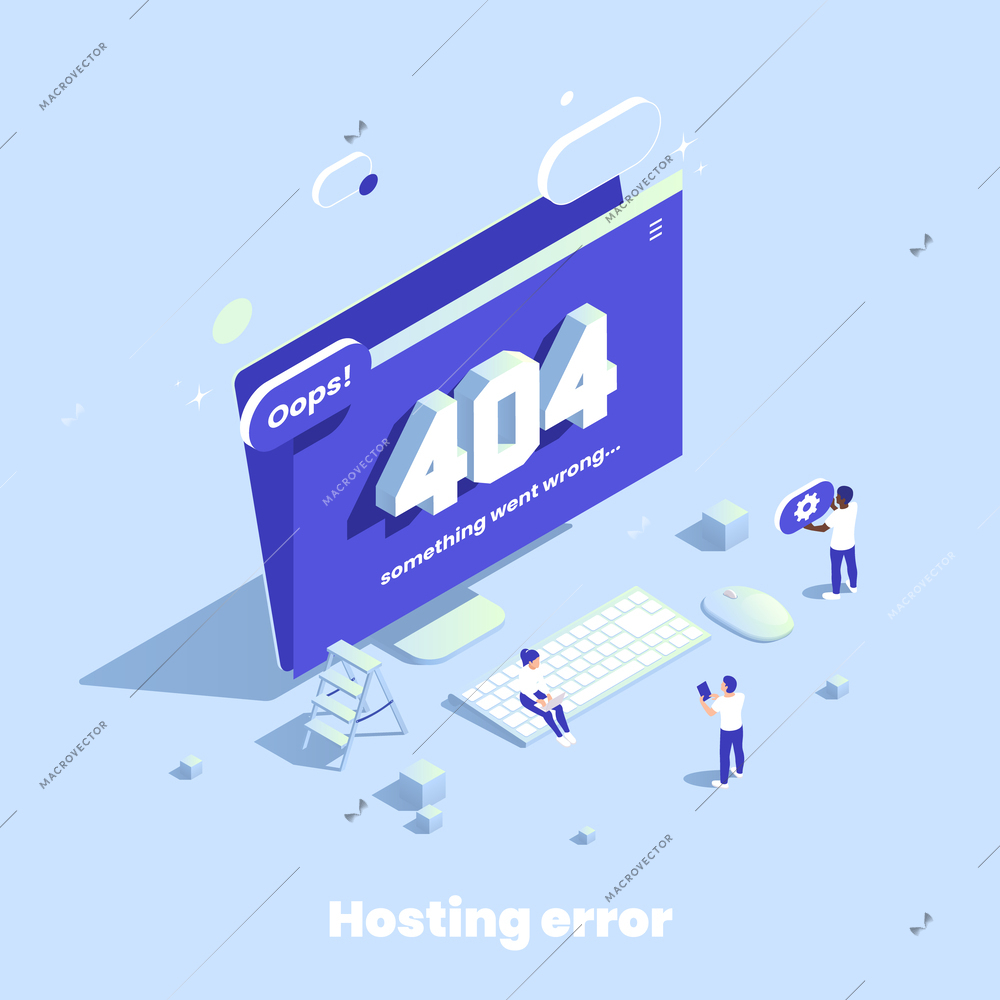 Web hosting isometric composition with icons of desktop computer parts with 404 error and users characters vector illustration