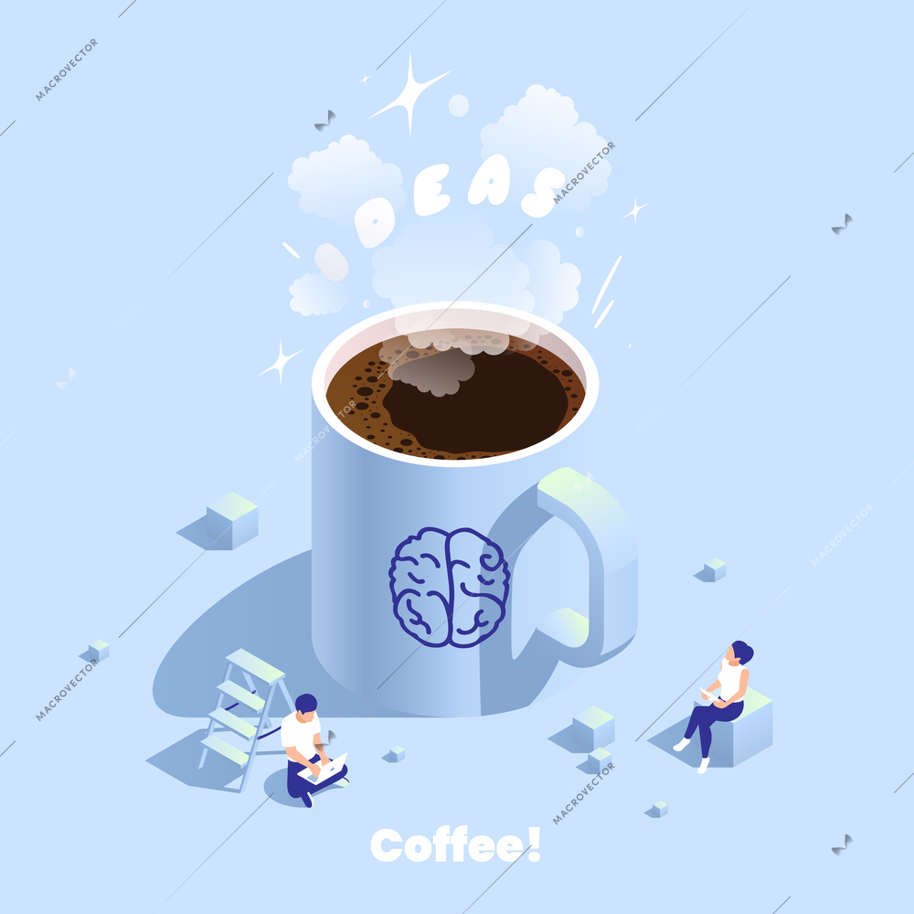 Productivity improvement boosting isometric composition with view of coffee cup with smoke and coworkers human characters vector illustration