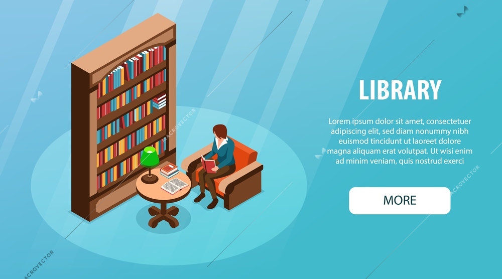 Isometric library banner with woman reading book near bookshelf vector illustration
