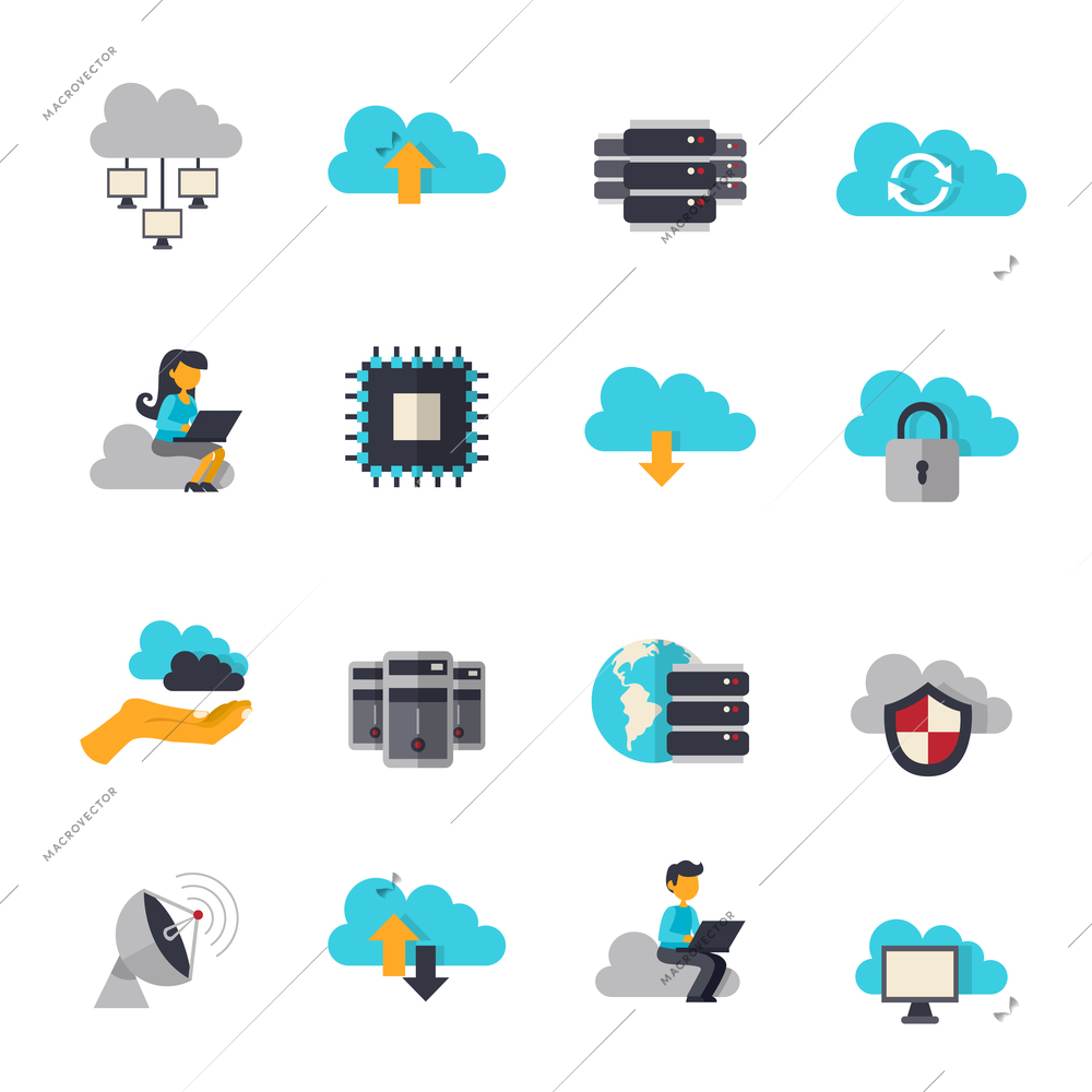 Cloud computing web technologies flat icons set isolated vector illustration