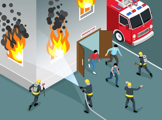 Fire alarm composition with people evacuating from burning house isometric vector illustration