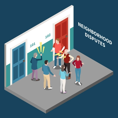 Neighbors isometric concept with people arguing in building hall vector illustration