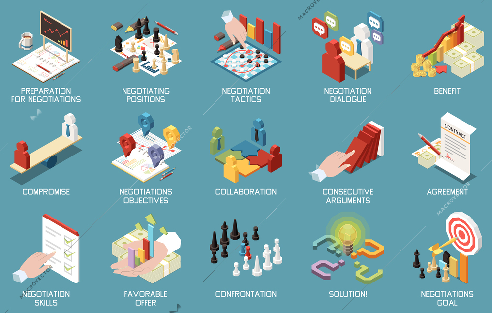Business negotiations and agreements isometric icons set isolated vector illustration