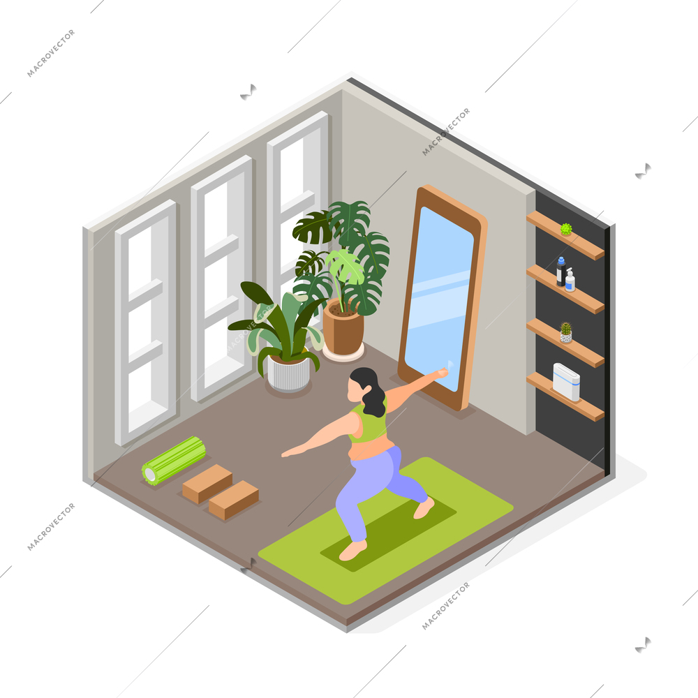 Overweight woman doing yoga at home isometric composition 3d vector illustration