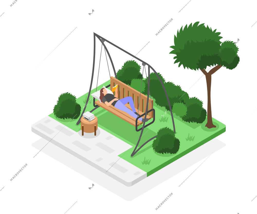 Woman relaxing with book on wooden swing outdoors isometric composition vector illustration