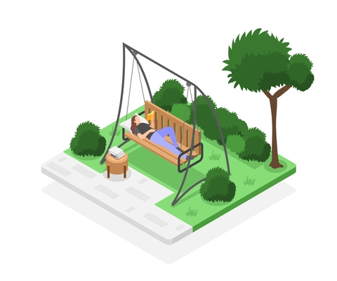 Woman relaxing with book on wooden swing outdoors isometric composition vector illustration