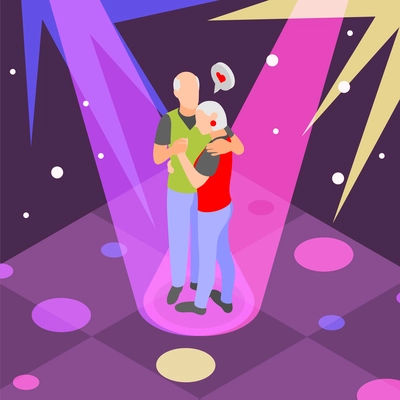Hugs day concept isometric background with elderly couple hugging and dancing together in colorful spotlight vector illustration