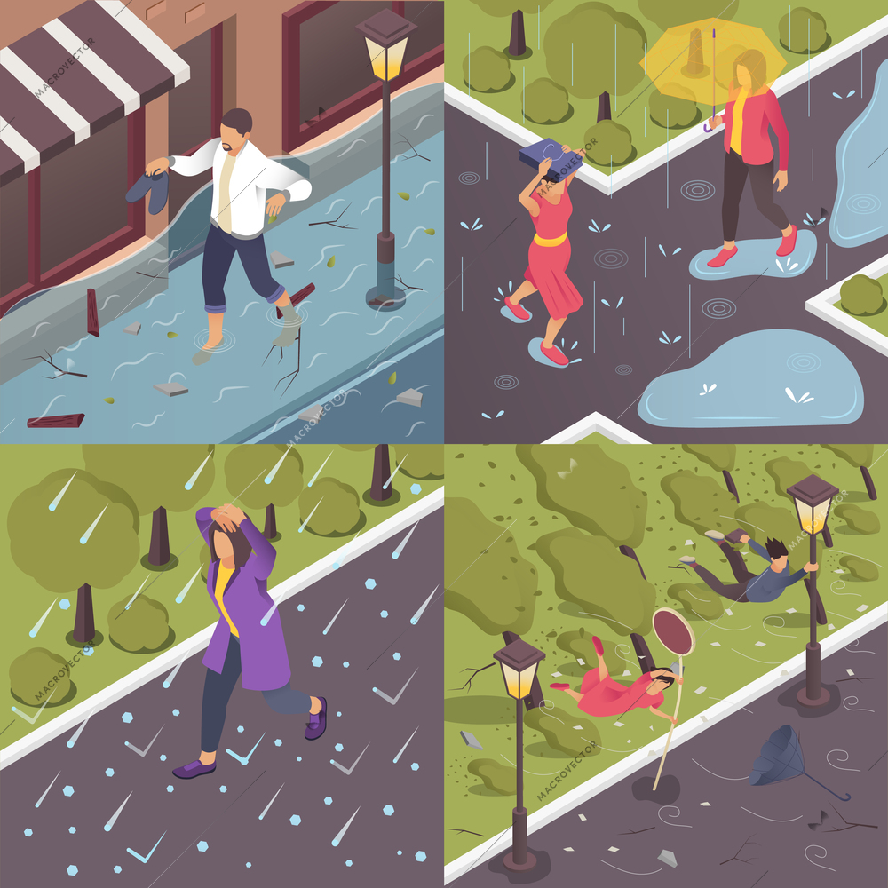 Bad weather 2x2 design concept with people caught off guard by inclement weather isometric vector illustration