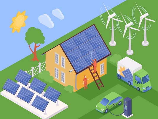 Isolated green energy composition with view of modern suburban house with solar batteries and electric vehicles vector illustration