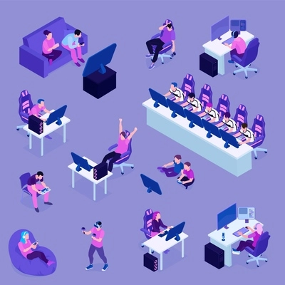Isometric gamers color set of isolated icons with gaming people wearing vr accessories sitting at computers vector illustration