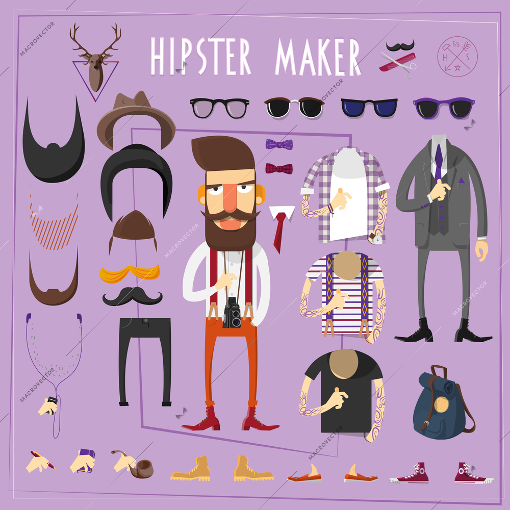 Hipster master accessories constructor with sets of fake mustaches sun glasses and footwear abstract flat vector illustration