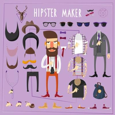 Hipster master accessories constructor with sets of fake mustaches sun glasses and footwear abstract flat vector illustration