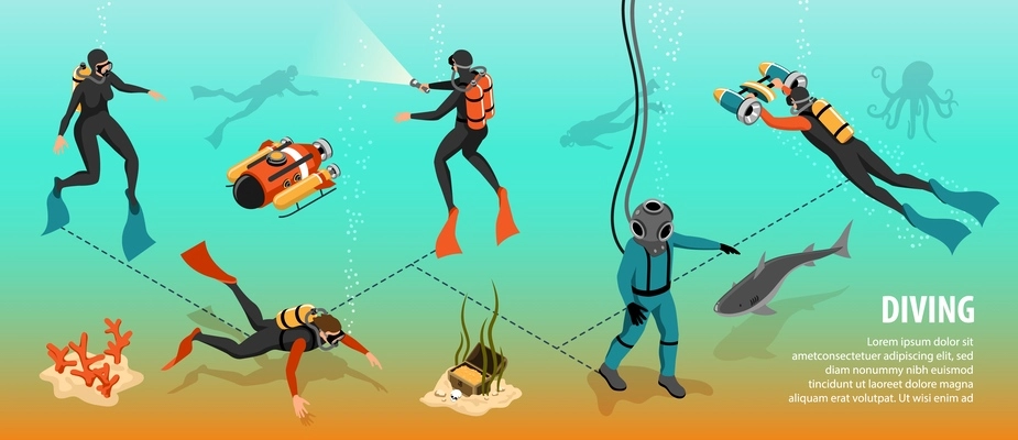 Diving isometric infographics  background with scuba divers dipping  for exploration of seabed and treasure hunt vector illustration