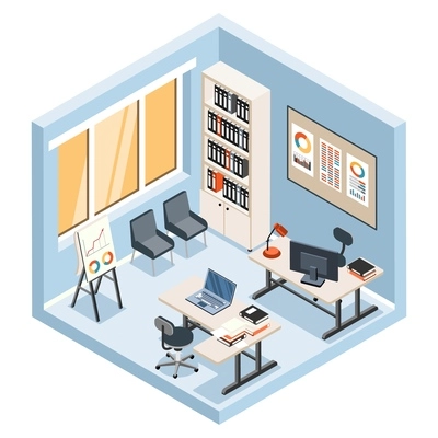 Office room with two workplaces isometric colored object on white background isolated vector illustration