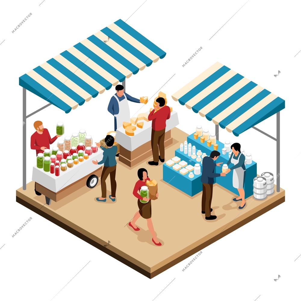 Local farm market isometric object with sellers offering canned and dairy food of own production isolated vector illustration